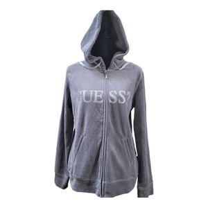 NWT Y2K GUESS Women's XL Bling Gray Velour Full Zip Hoodie Logo Long Sleeve